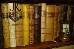 Zdobené hřbety knih - umělecké knižní vazby Jendy Rajmana uspořádané v policích - z předchozího působiště muzea