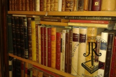 Zdobené hřbety knih - umělecké knižní vazby Jendy Rajmana uspořádané v policích - z předchozího působiště muzea